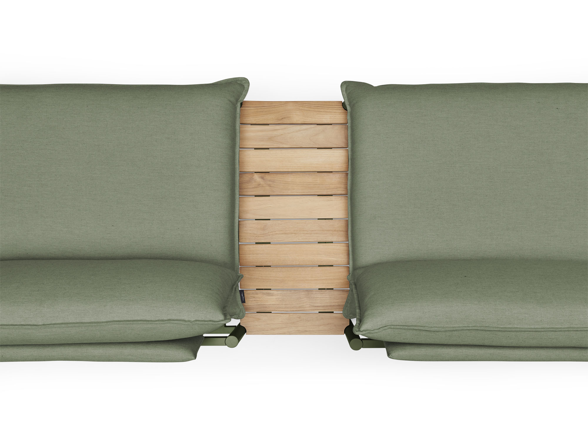 Overhead view of wood and green small outdoor end table